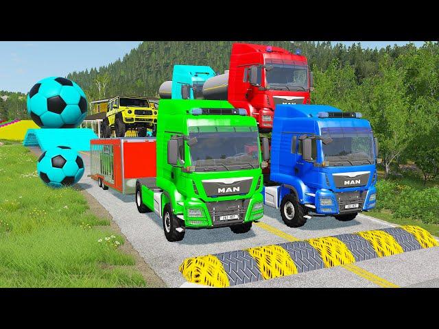 Double Flatbed Trailer Truck vs Speedbumps Train vs Cars | Tractor vs Train Beamng.Drive 058