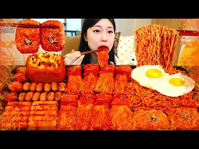 ASMR MUKBANG| Fire spicy Enoki Mushrooms, Fire Noodles, Rice paper Wrap, Whole Spam, Sausage.