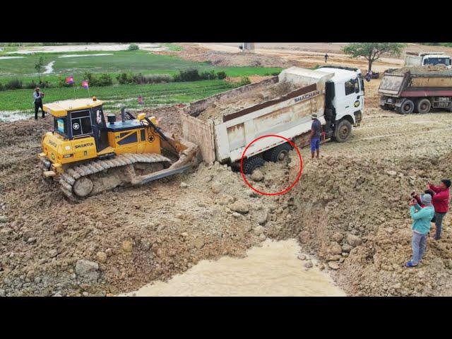 Idiot Truck Driver Almost Fail Recovery By Shantui Bulldozer And Working Processing The Road