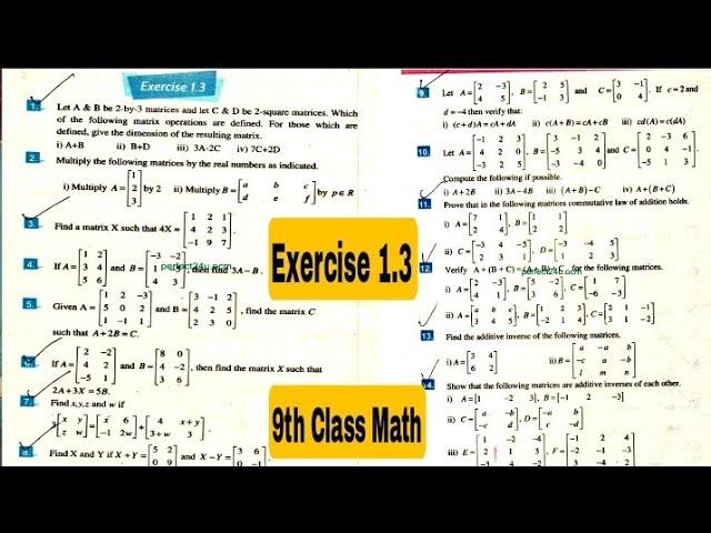 Exercise 1.3 | 9th Class Math | Addition and Subtraction of Matrices | Multiplication by a Scalar