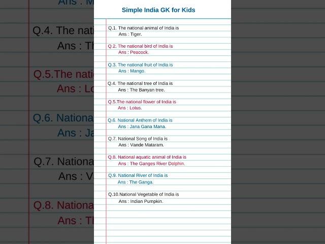 10 Important Simple India GK | Quiz General Knowledge GK Questions Answers INDIA #knowledge  #shorts