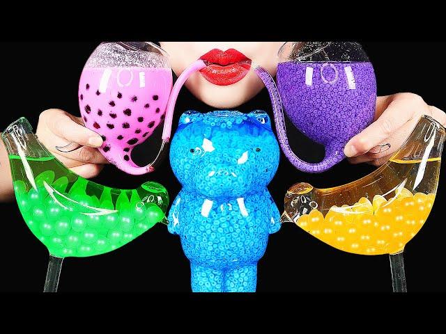 ASMR RAINBOW VARIETY DRINKS *EDIBLE FROG EGGS BOBA TEA JELLO Water Drinking Sounds Bird Glasses 먹방