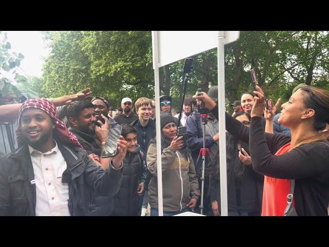 Unhinged Quran Rejector lady lost her mind Br siraj Ali dawah speakers corner