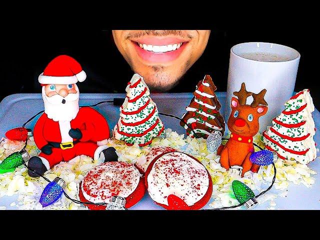 ASMR LITTLE DEBBIE CHRISTMAS TREE CAKES RED VELVET COOKIES MILK EATING SANTA RUDOLPH CANDY SWEETS