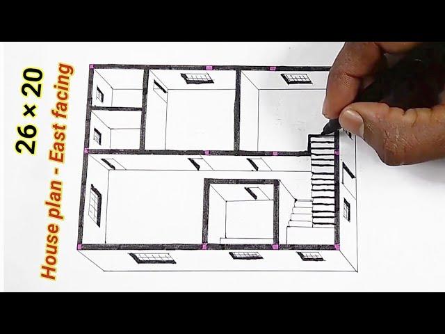 26 × 20 East facing house plan | 26 x 20 East facing floor plan 3D viewing | 2BHK in 520 sq ft