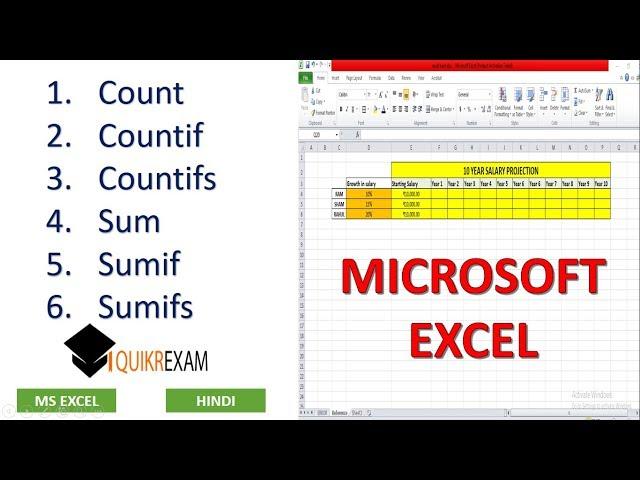 Microsoft Excel : Count Countif Countifs Sum Sumif Sumifs || Hindi || Quikr Exam