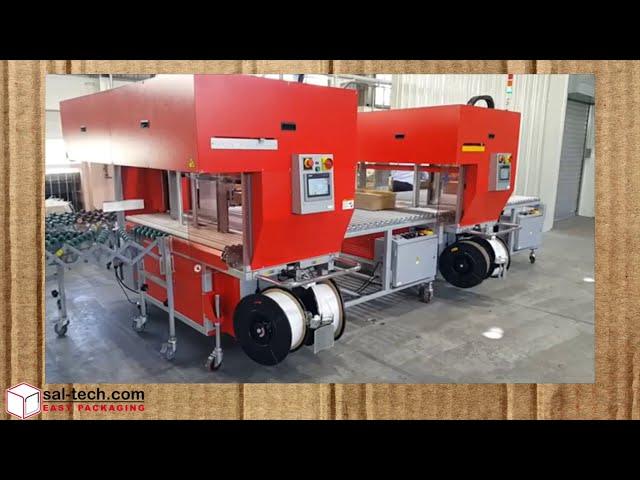 TP-702CQ3-T CORRUGATED TANDEM STRAPPER, SQUARING & BACK STOP MACHINE