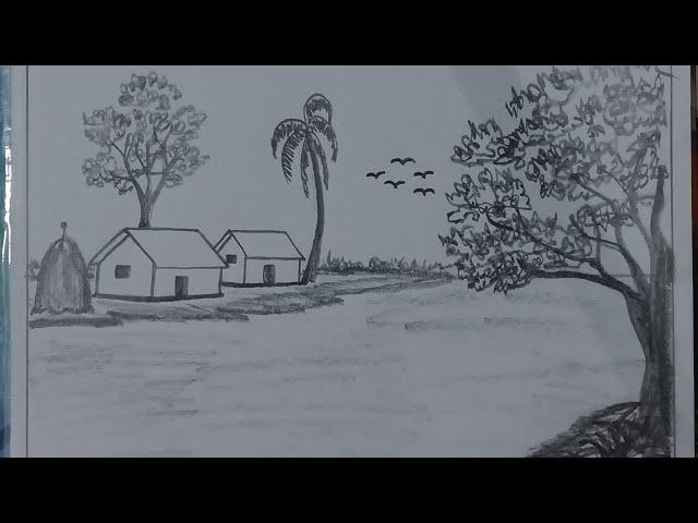how to drawing a village scenery | beautiful scenery drawing | easy draw | ashiq art academy