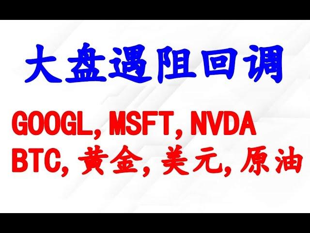 美股大盘受压回调；个股分析：GOOGL,MSFT,NVDA; BTC, 黄金，美元，原油。