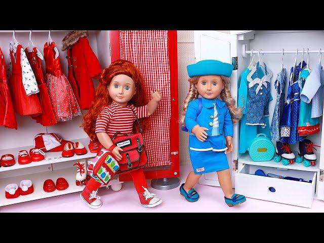 Doll sisters set up new bedroom in red and blue! Play Dolls practice colors