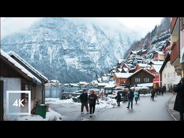 Snowy Scenic Winter Walk in Hallstatt, Austria, Morning Binaural Winter Sounds ️