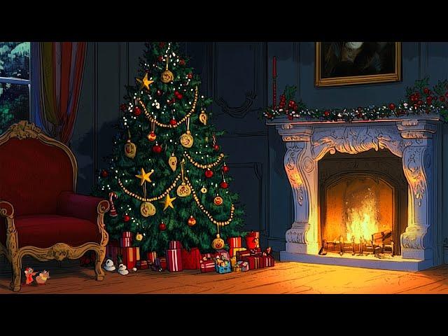 vintage christmas by a cozy fireplace  oldies playing in another room with crackling fireplace 