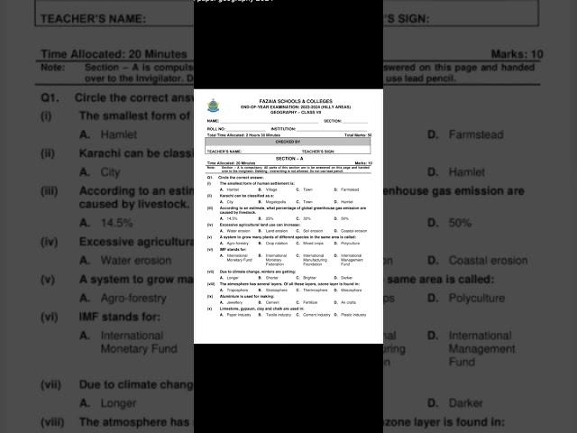 geography annual paper 2024 #exams #geography #annualpaper #hilly areas #class 7