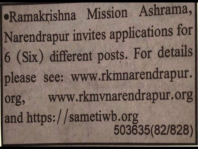 Recruitment 6 Different posts. Ramakrishna Mission Ashrama Narendrapur