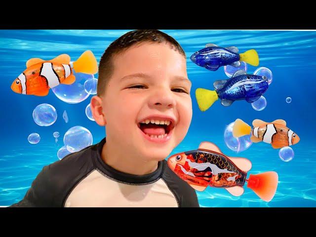 Caleb Goes Swimming with New Pet Fish Friends in GIANT BATH INDOOR POOL in HOUSE! Pretend Play FUN