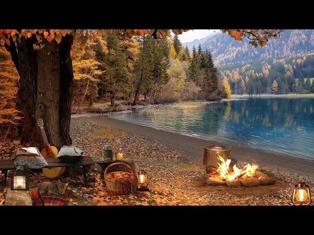 Autumn Lake Ambience with Calm Nature Sounds | Relaxing Campfire, Birdsong, Crunching Leaves