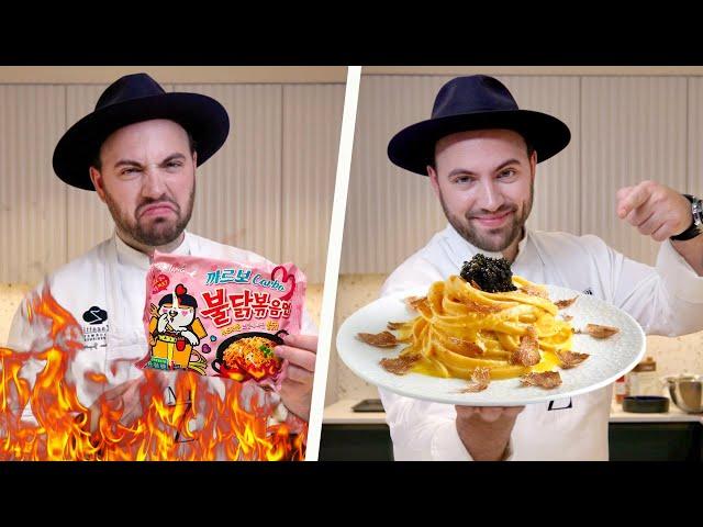 Italian Chef makes Korean “Carbonara Fire Noodles” Gourmet!