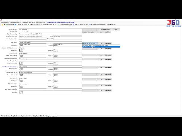 Lưu thông tin dự án thông tin công trình, thành phần ký trong NTXD360