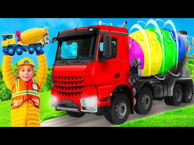 Kids play and learn with real concrete mixer truck, excavators and toys