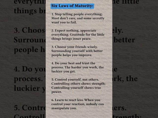 SIX LAWS OF MATURITY.... #laws #maturity #life #advice #money #mindset #mindsetmatters #moneymindset