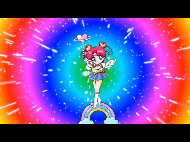 Sailor Chibi Chibi Moon riding a rainbow 