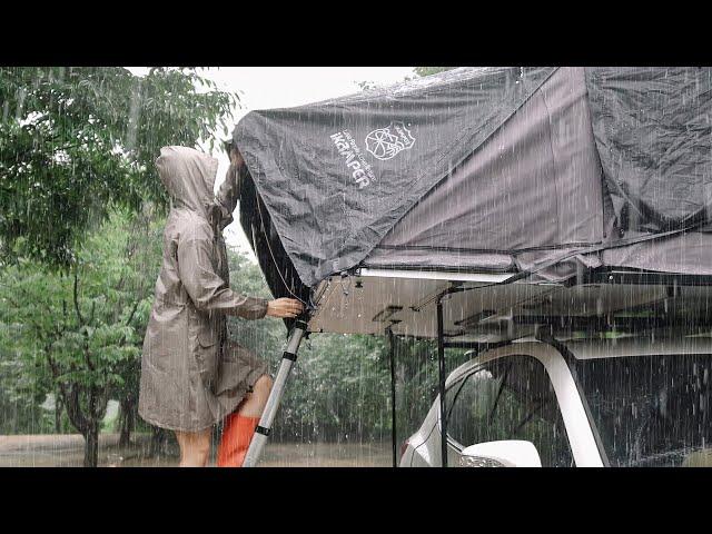 Solo Camping in Rain storm with Rooftop tent / Cozy relaxing rain sound / ASMR