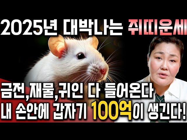 2025년 을사년 대박 쥐띠운세2025년 축하드립니다! 새로운 한해 막힌 금전이 풀리고 그동안에 서러움을 보상받는다! 60년생 72년생 84년생 96년생 행운의 쥐띠운세!