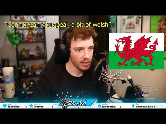 Connor speaking welsh and pronouncing "llanfairpwllgwyngyllgogerychwyrndrobwllllantysiliogogogoch"