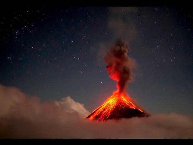 Volcan de Fuego erupting at night in 4K