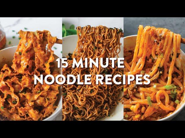 3 tasty vegan noodle recipes ready in 15 minutes or less! | spicy peanut, basil garlic, kimchi 