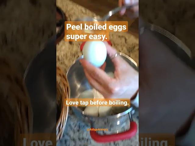 Simple technique to make peeling boiled eggs fast and easy. Love tap the bottom before boiling.