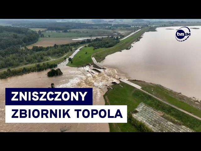 Zniszczony zbiornik Topola, mieszkańcy Paczkowa pilnie ewakuowani. Nagranie "przyczyny i skutku"