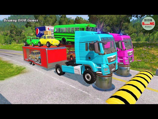 Double Flatbed Trailer Truck vs speed bumps|Busses vs speed bumps|Beamng Drive|957