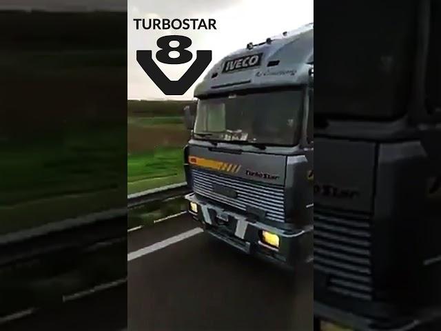 A classic Iveco Turbostar V8 truck with tractor and trailer overtakes when accelerating #truckvideo