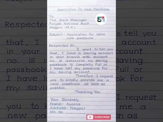 Application for new passbook/Letter to new passbook/Bank me naya passbook banvane keliye application