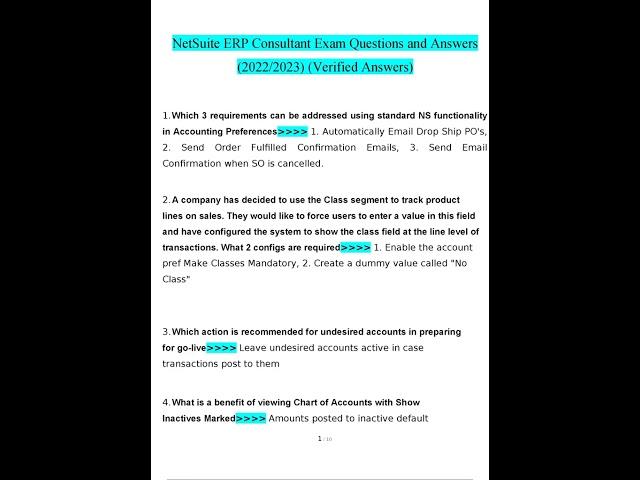 NetSuite ERP Consultant Exam  Questions Verified With 100% Correct Answers