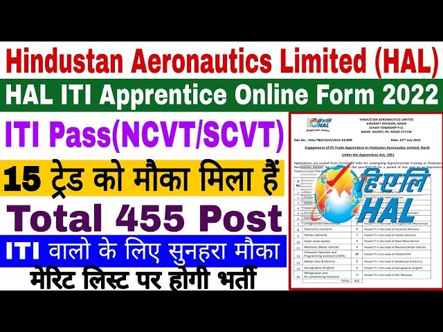 HAL Nasik Apprentice Online Form 2022 | 455 Post | ITI Pass | Hindustan Aeronautics Limited (HAL) |