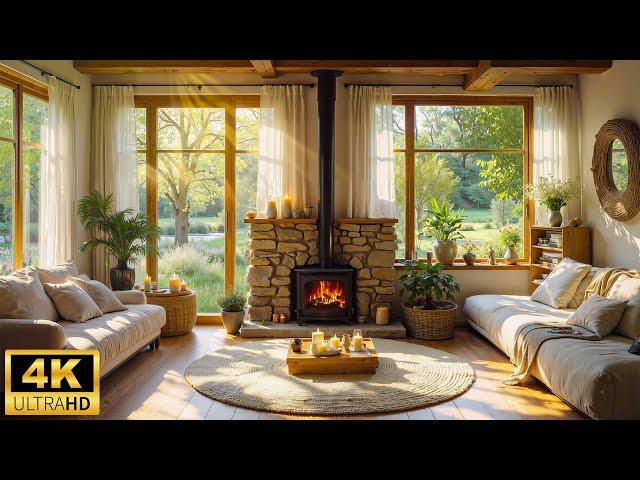 Spring Morning in Cozy Lakeside Cabin Ambience ~ Soft Piano Music & Crackling Fireplace to Unwind