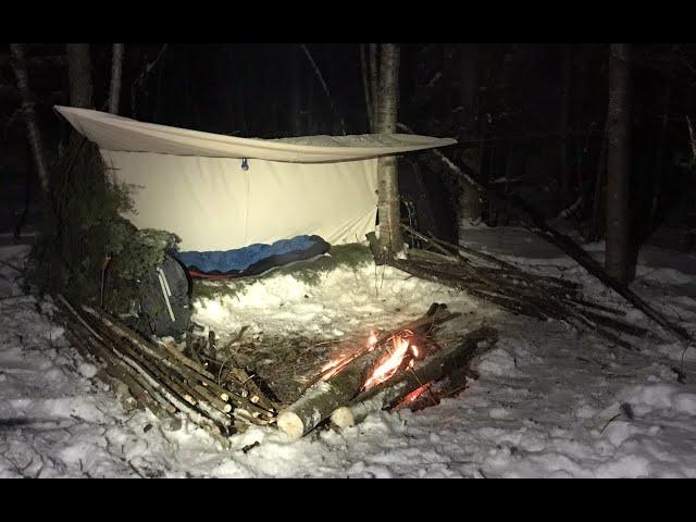 1 Night Winter Solo Camping, Bushcraft Camp,  Freezing temperature, Deer Rib Eye On Fire, 4K