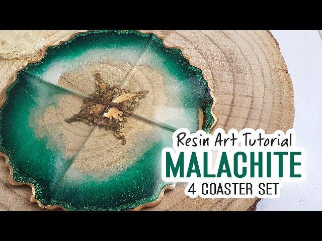 Resin Art Tutorial  - How to make a 4 coaster puzzle set in malachite and gold nuggets