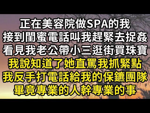 正在美容院做SPA的我接到了閨蜜電話，叫我趕緊去捉姦，說看見我老公帶小三逛街買珠寶，我說知道了她罵我傻了一點不著急。我反手打電話給我的保鑣團隊，畢竟專業的人做專業的事