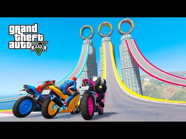 Desafio de MOTOS com Homem Aranha e Super Heróis! Salto Épico sobre Prédios - GTA V Mods