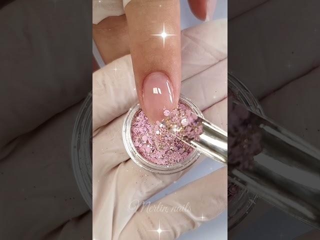 @Merlin Nails  Best long nude pink Glass Glitter Nails ballerina shape | Gel nails by Merlin