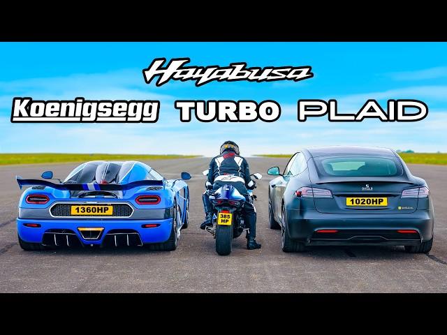 Koenigsegg v Tesla Plaid v Turbo Hayabusa: DRAG RACE