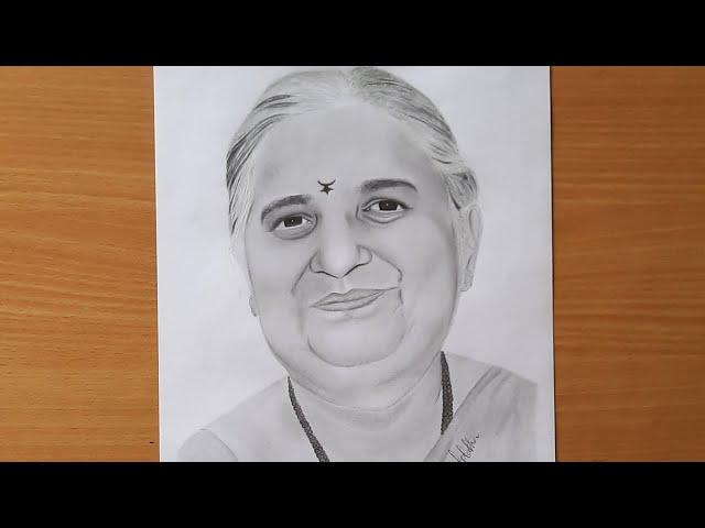 A beautiful pencil sketch of Sudha Murty | educator | author | philanthropist | Infosys chairperson