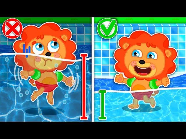 Pequeño Leon | Alberca profunda y alberca no profunda | Dibujos animados | Video Para Niños