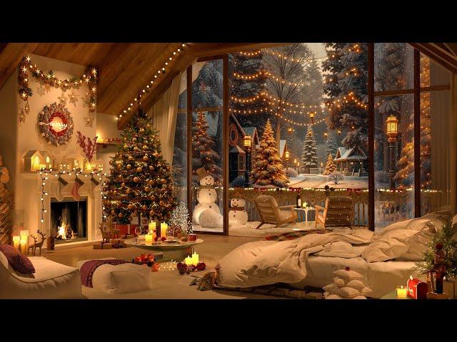  Cozy Christmas Bedroom 2025 Christmas Jazz Music with Snowing Ambience & Warm Fireplace to Sleep