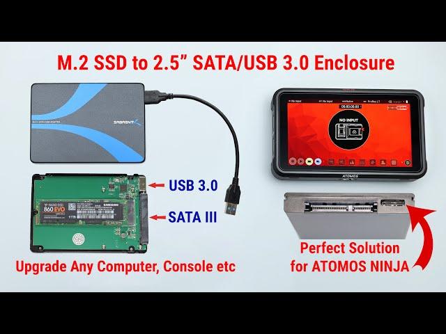 Perfect M.2 SSD to 2.5" SATA/USB 3.0 Enclosure for ATOMOS NINJA or Upgrading any Computer, Console