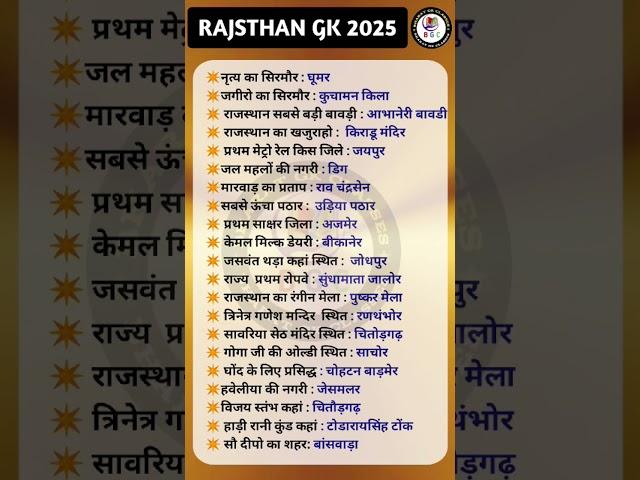 राजस्थान सामान्य ज्ञान 2025 | RAJASTHAN GK | General Knowledge 2025 | #gkquestion #rajasthangk