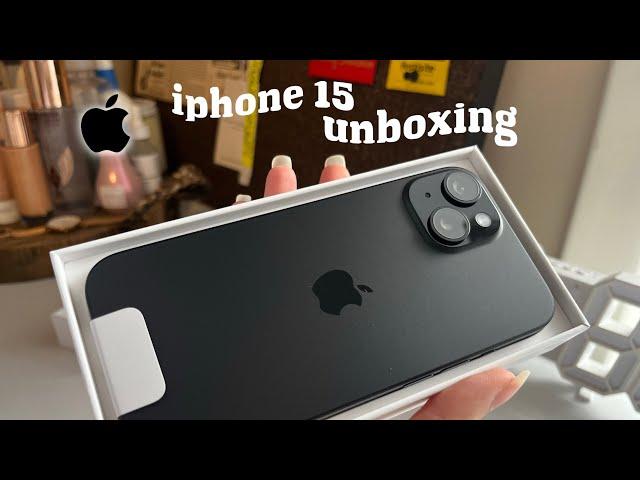 iphone 15 [unboxing]  (black, 128 gb) | aesthetic set-up + accessories | camera test & review